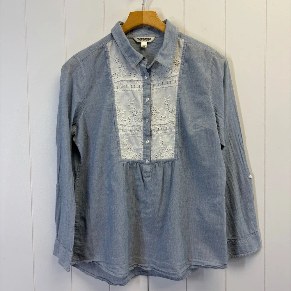 Vintage Tantrums Cottage Striped Button Down Shirt Women Large Boho Chic Prairie